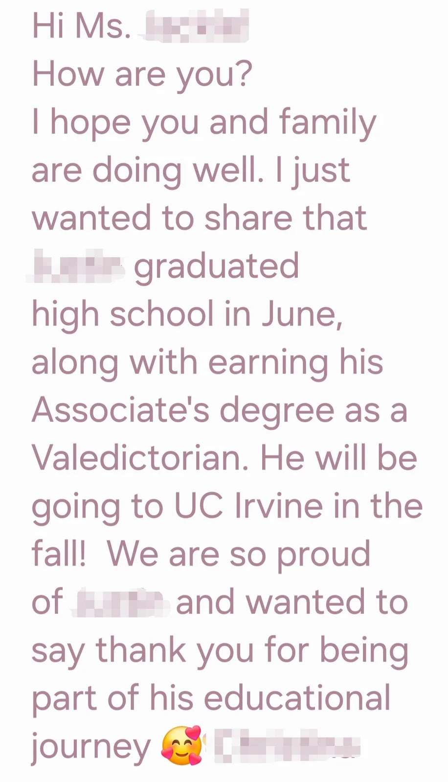 개인정보를 제거한 UC Irvine 진학 학부모 감사 메시지